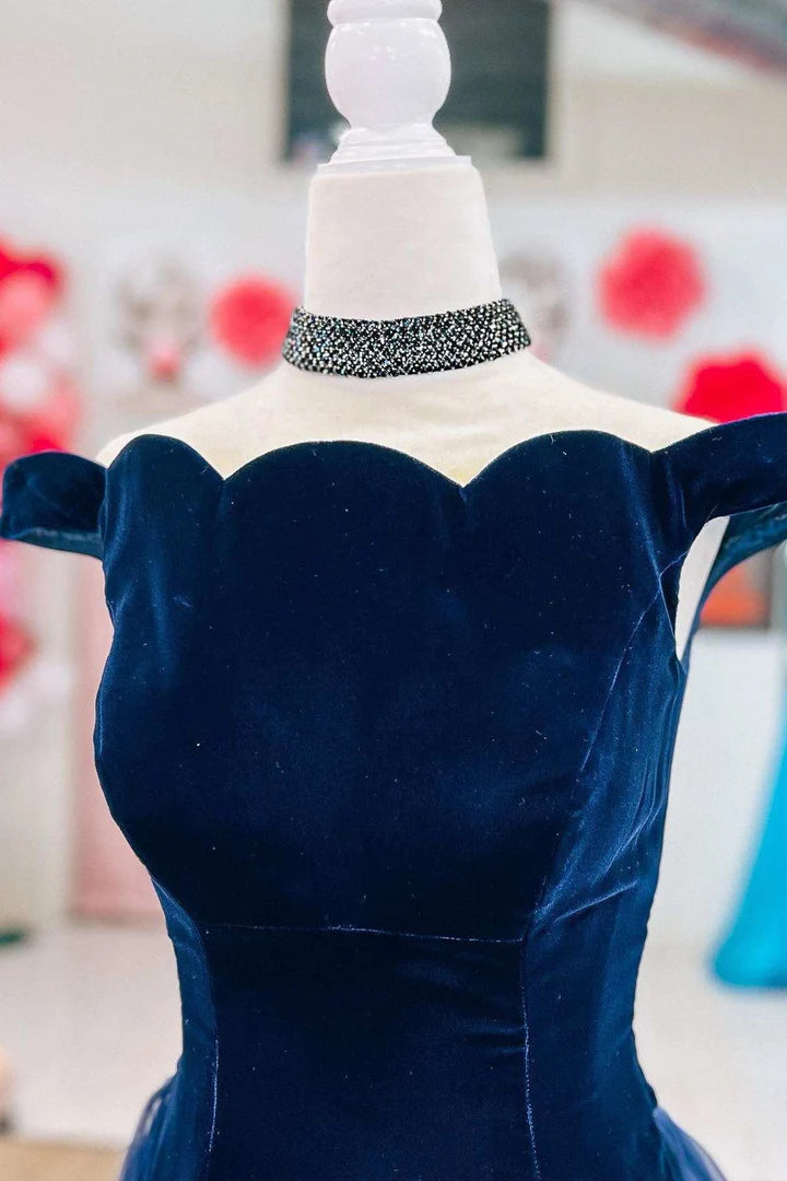 Navy Velvet Off-the-Shoulder Mermaid Pageant Prom Dress With Long Train